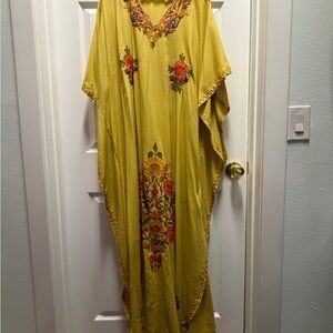 Yellow Embroidered Floral Kaftan
